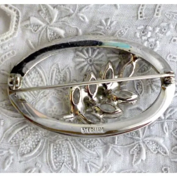 STERLING SILVER ONYX CRYSTAL OVAL PINW/ LEAF